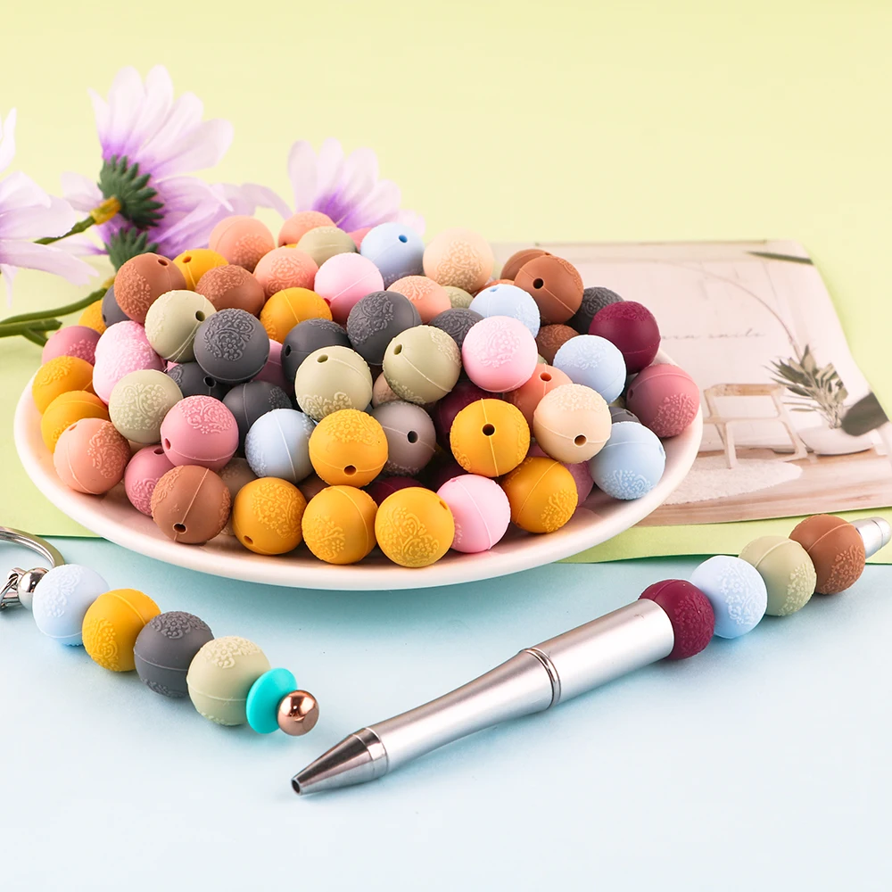 5-10pcs 15mm Floral Embossed Silicone Round Beads With Hole DIY Bracelet Keychain Making Supplies Handcraft Jewelry Accessories
