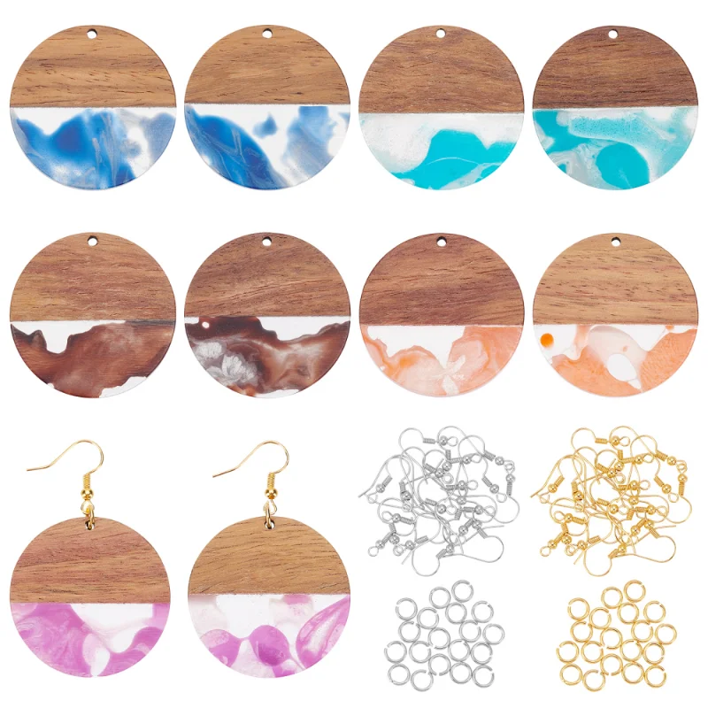 130pcs Mixed Flat Round Resin Wooden Pendants Brass Ear Hooks Jump Rings Jewelry Findings for DIY Two Tone Dangle Earrings