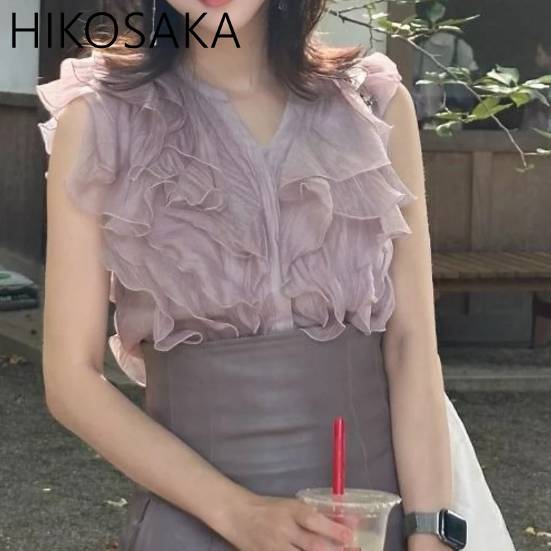 

Fungus Elegant V-neck Blouse Women Ruffles Patchwork Slim Waist Single Breasted Shirts Tops Summer Chic Japanese Sweet Blusas