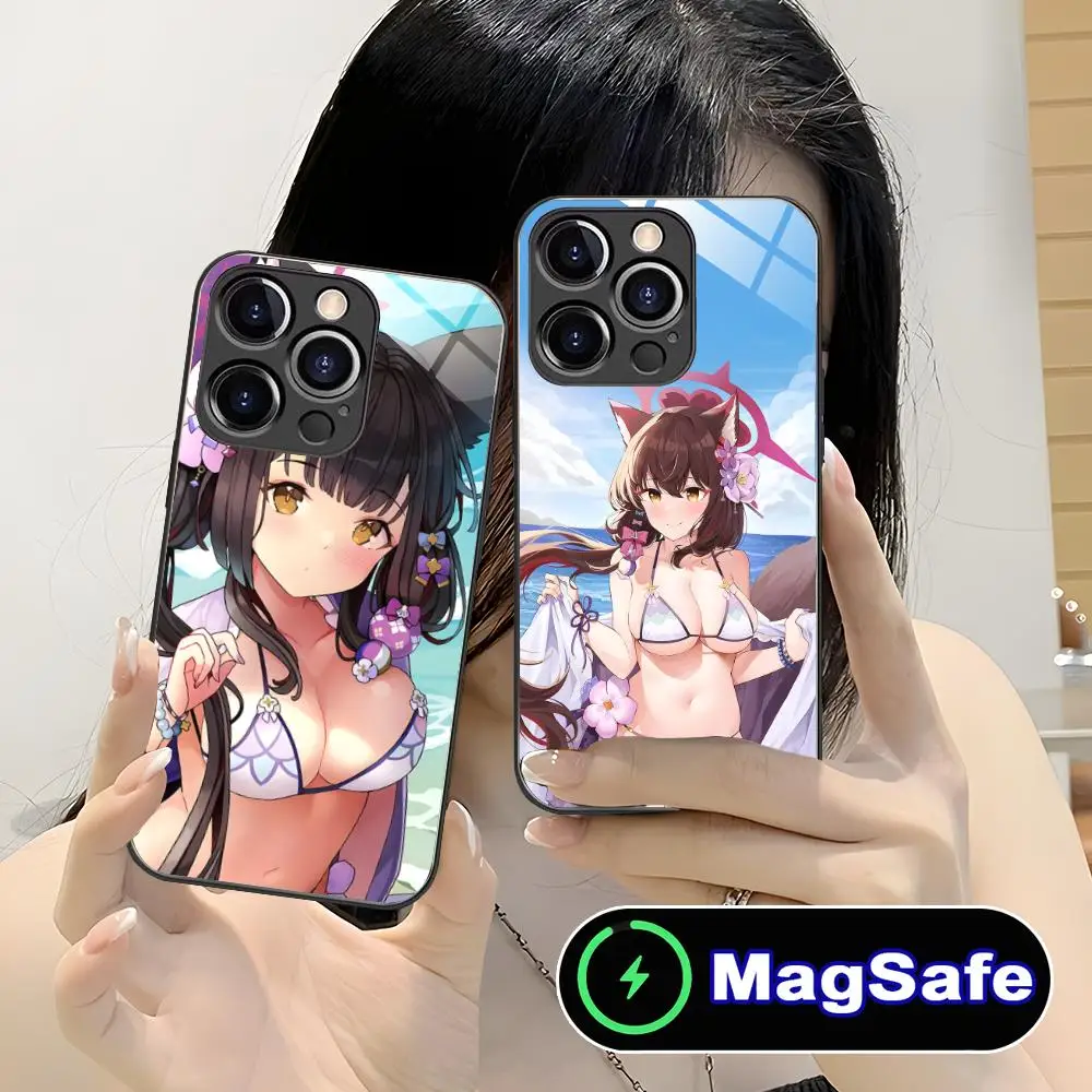 

Чехол для телефона Blue Archive Kosaka Wakamo для iPhone 17, 16, 15, 14, 13, 12, 11 Air Pro Max Plus Mini MagSafe, стеклянный красочный чехол, роскошный