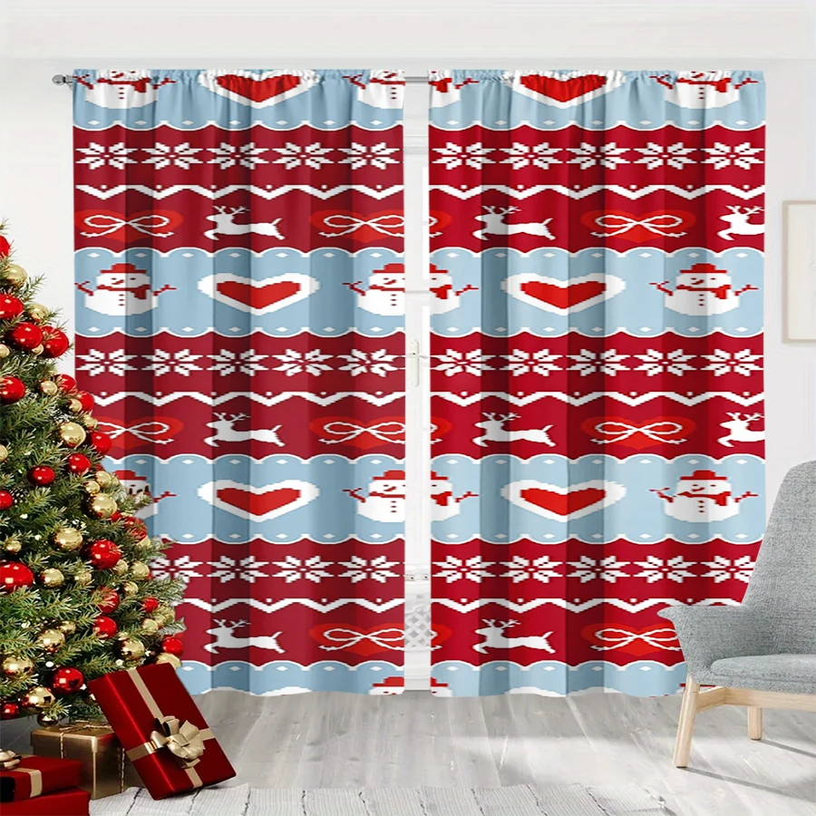 2PCS Christmas Winter Curtains, Fair Isle Knit Snowman Reindeer Heart Snowflake, Digital Print, Bedroom Living Room, Home Decor