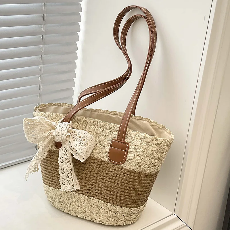 

Summer Straw Woven Shoulder Bags for Women Large Capacity Ladies Travel Vacation Seaside Tote Bag Simple Female Bucket Handbag