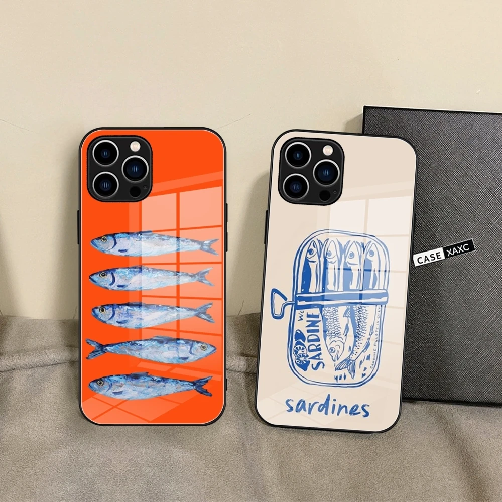 Funda de teléfono sardinas, carcasa de cristal para IPhone 15ProMAX 14 11 12 Pro 15 16 Plus 13 Pro MAX XR XS