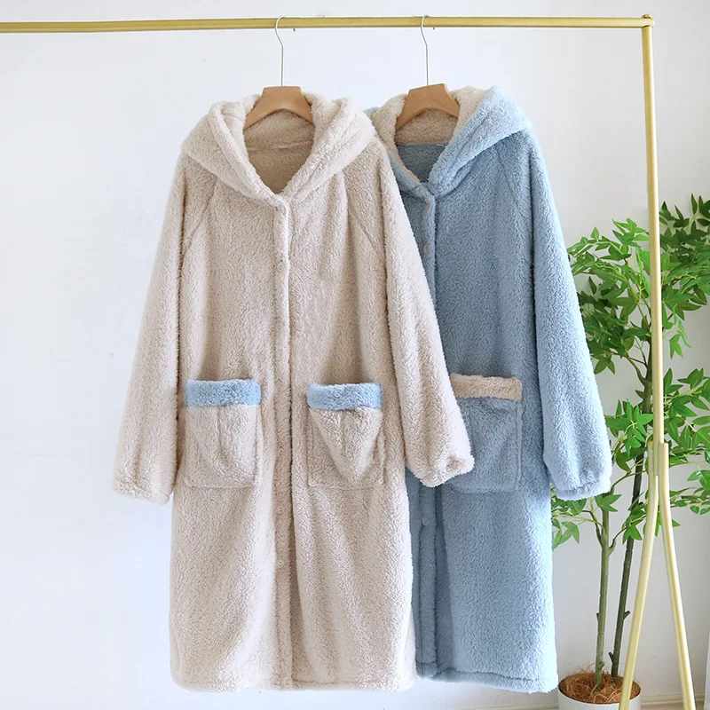 Autumn Winter Warm Facecloth Women's Hooded Pajamas Bathrobes Thick Soft Lightweight Loungewear Fluffy Home Sleepwear Nightgowns