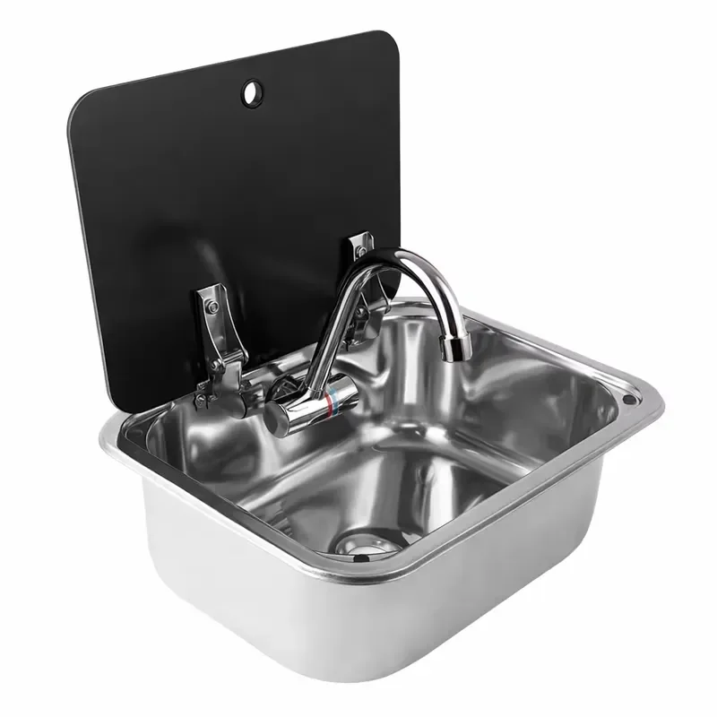 Compact Stainless Steel RV Sink with Glass Cover and Hot Cold Faucet for Camper Boat Caravan Small Kitchen
