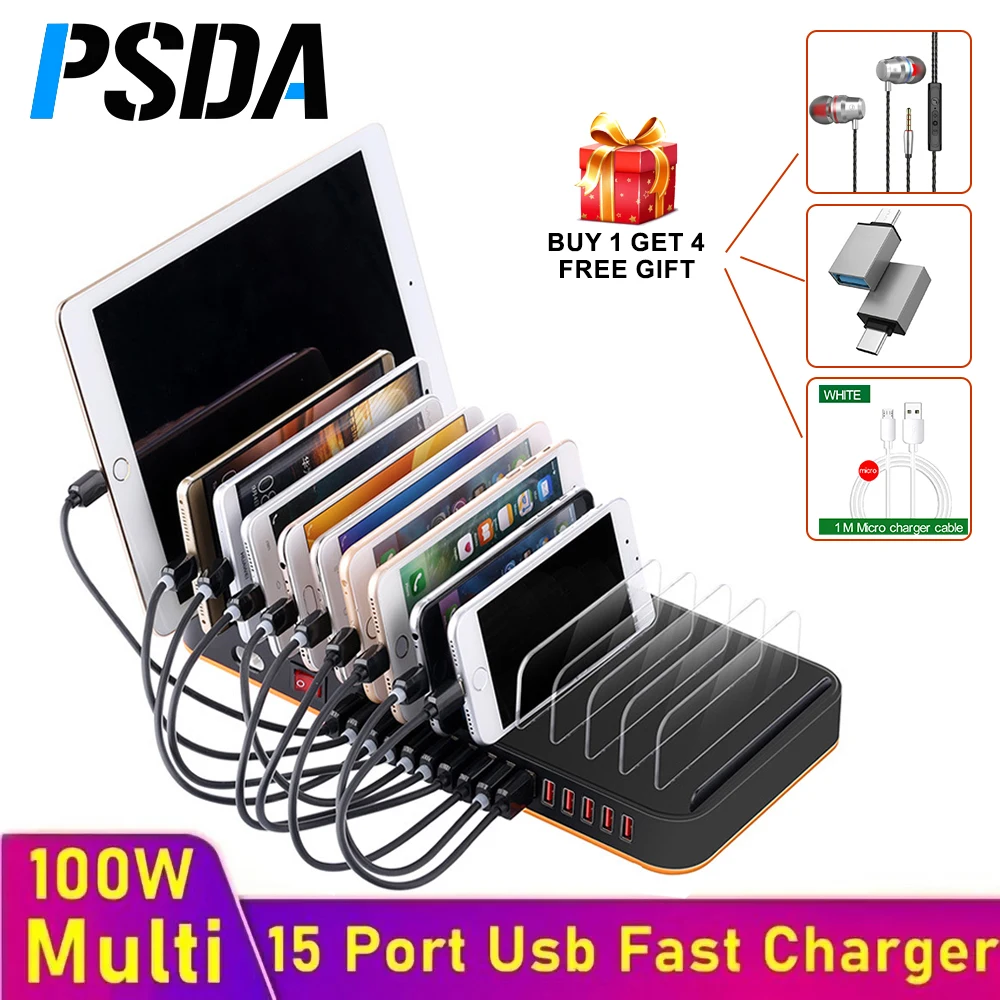 PSDA Buy 1 Get 4 Gift 100W Multi USB Charger 15 Port Usb Fast Charger Quick Charge Charging Station For Iphone Samsung