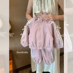 Girls Set Spring and Autumn New Style Children's Western Style Korean Edition Bow Coat Pants Casual Sports Two Piece Set