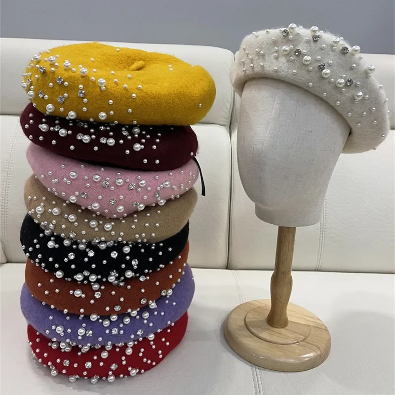 Gorro de boina para mujer con perlas y diamantes de imitación, gorros de pintor de invierno de lujo para madre e hija, estilo coreano