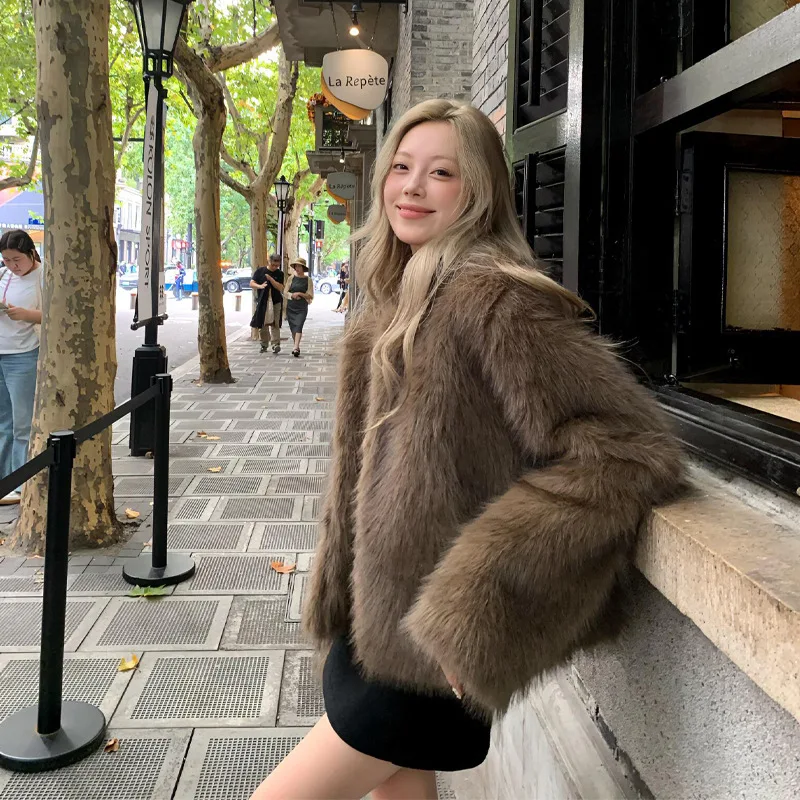 Gradiënt KIDCRKJ Herfst Winter vrouwen Revers Kraag Nepbont Jasje Voor Vrouwelijke Straat dame Pluizige Kunstmatige Bont Uitloper