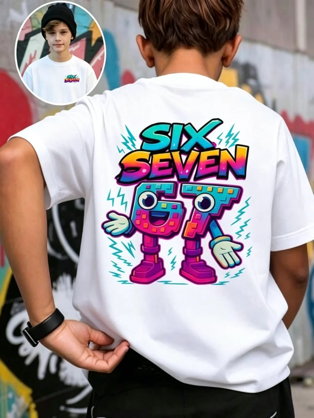 Six Seven Print Boys Cotton T‑Shirt Colorful Cartoon Graphic Kids Short Sleeve Tee Streetwear Casual Summer Children Tops