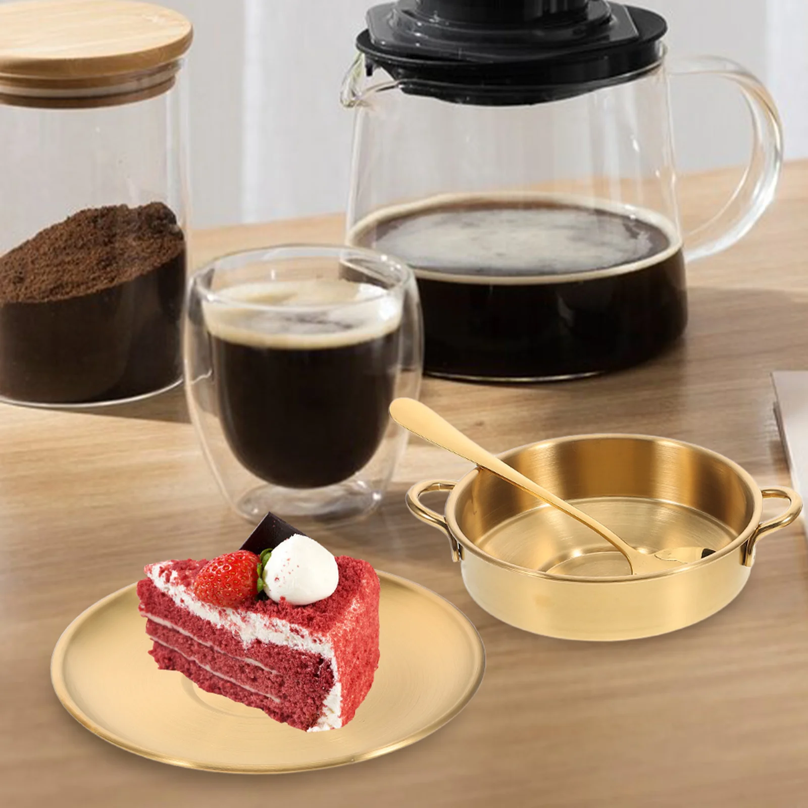 1pcs 1 Set Stainless Steel Dessert Bowls With Saucer Spoon Dual Handle Ice Cream Bowl For Sundaes Milk Tea Coffee Serving Dishes