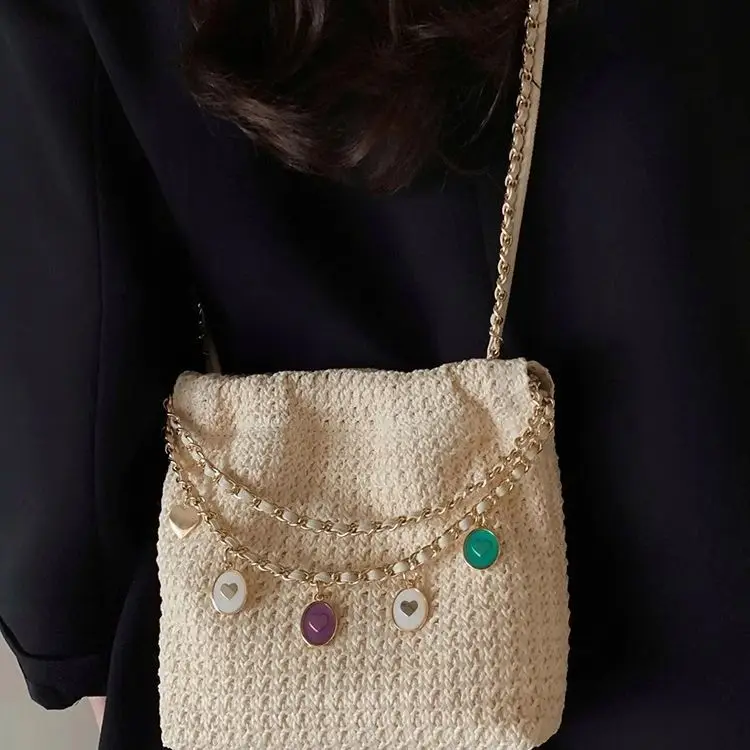 

Summer Ethnic Style Handbag for Women New Korean Fashion Woven Bag Crossbody Bucket Bag Hand-held Outdoor Crossbody Small Bag