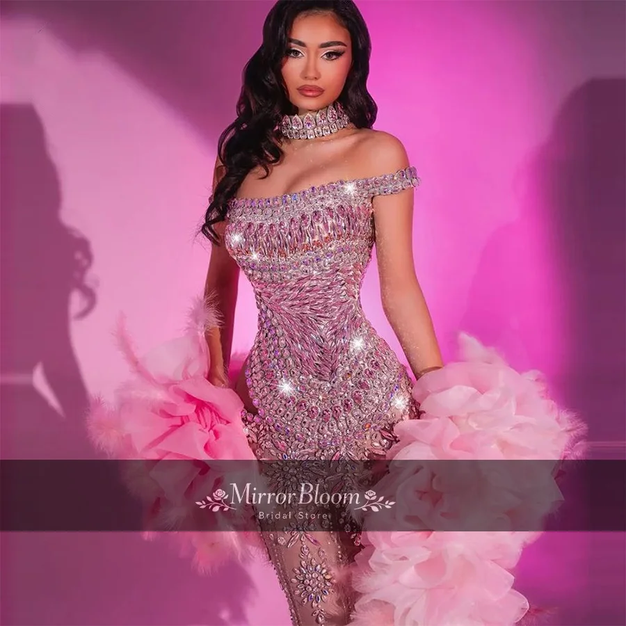 

Elegant Pink Off Shoulder Mermaid Evening Dress Women Beaded Feather Ruffle Formal Prom Gown Luxury Party Dresses Customized