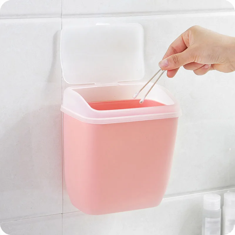 1PC Container Wall-mounted Trash Can With Lid Plastic Debris Storage Box Nail-free Trash Bin Organizer Kitchen Toilet Supplies