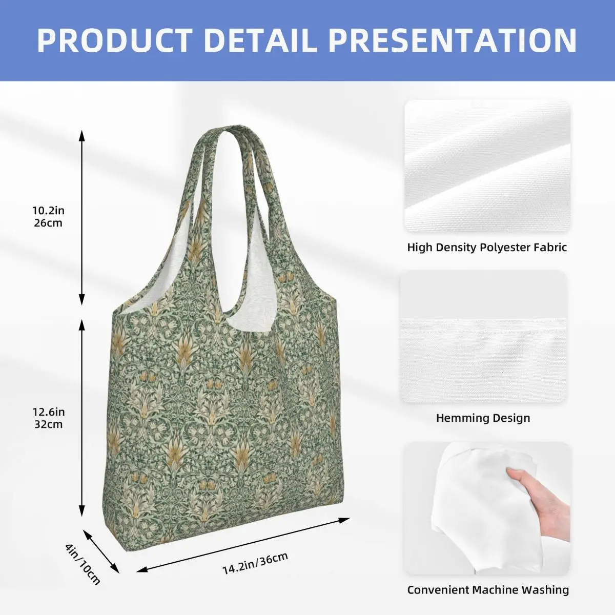 William Morris Snakeshead Forest Thyme Green Pattern Shopping Canvas Bag Capacity Grocery Floral Botanical Tote Shopper Bags