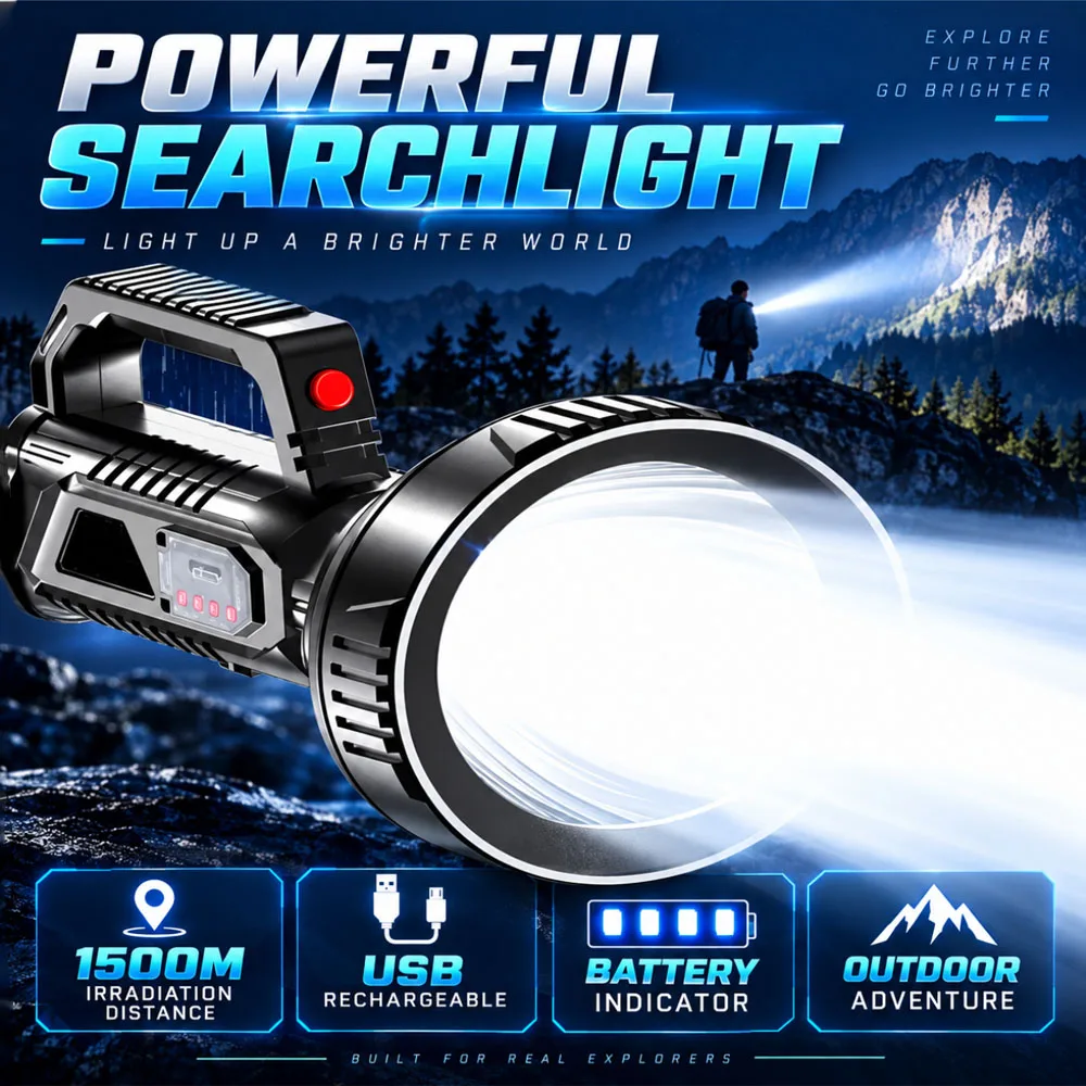 Super Bright Rechargeable Handheld Searchlight with Solar Panel USB Charging Included Long Beam Distance Outdoor Spotlight Heavy