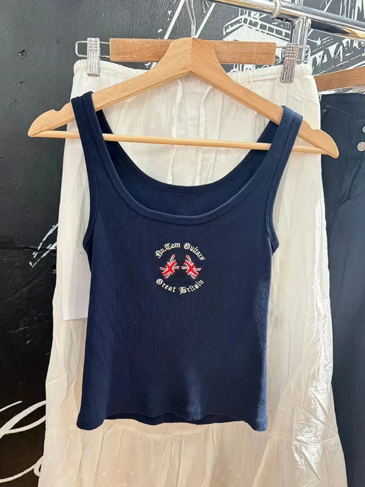 Letter Flag Embroidery Ribbed Tank Top Women Summer U Neck Sleeveless Cotton Slim Crop Top American Vintage Casual Navy Vests