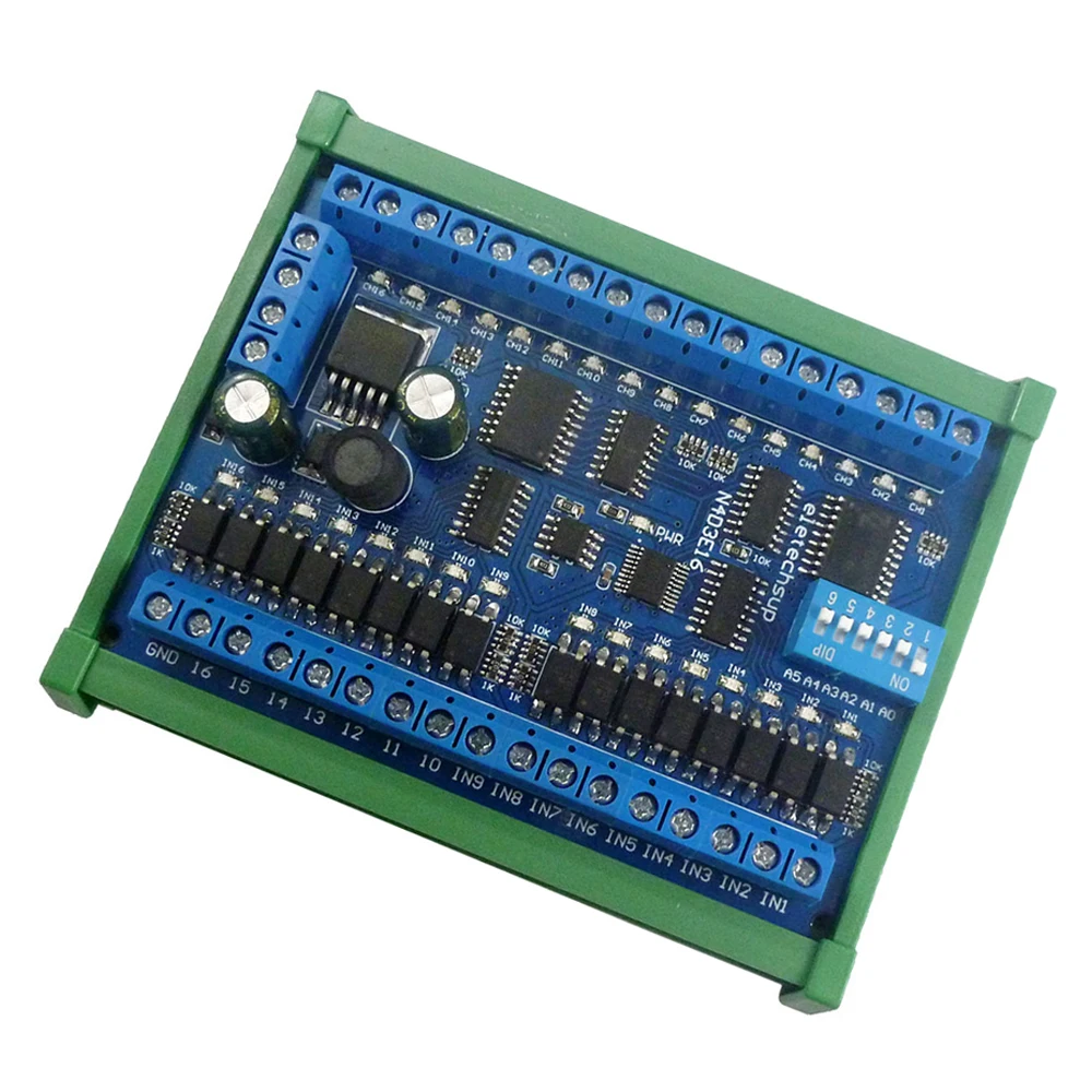 DC 6.5-30V 16CH RS485 Input Output Port Remote Control Switch PLC IO Expansion Board DIN35 Modbus RTU NPN Low Level Module Green