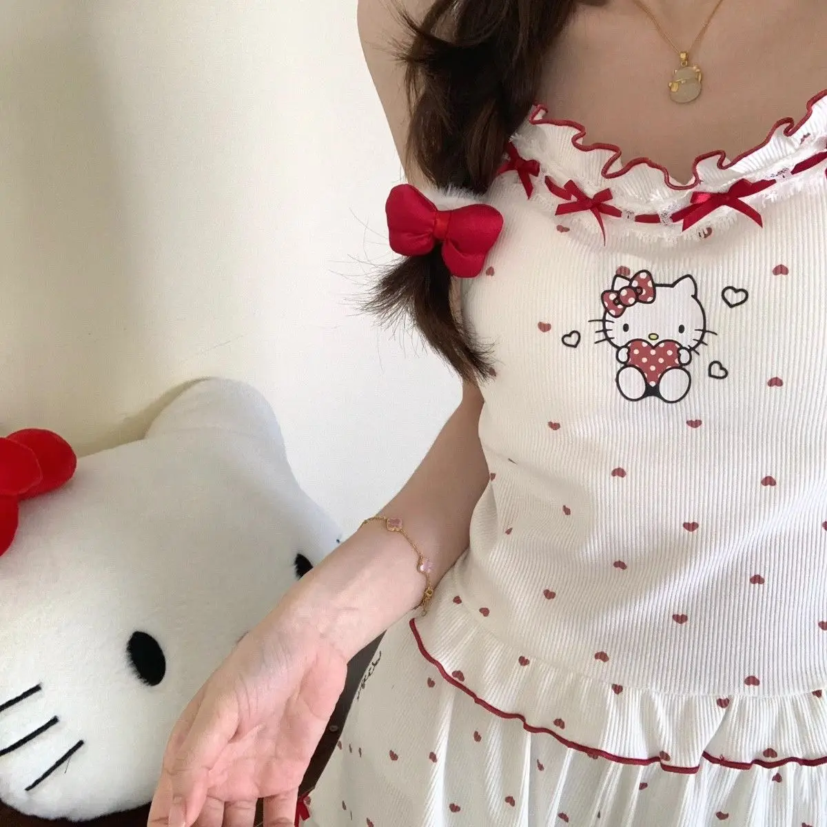 Cute sweet girl Hello kitty printed pajamas cartoon summer sleeveless shorts home clothes can be worn outside holiday gifts - view 5