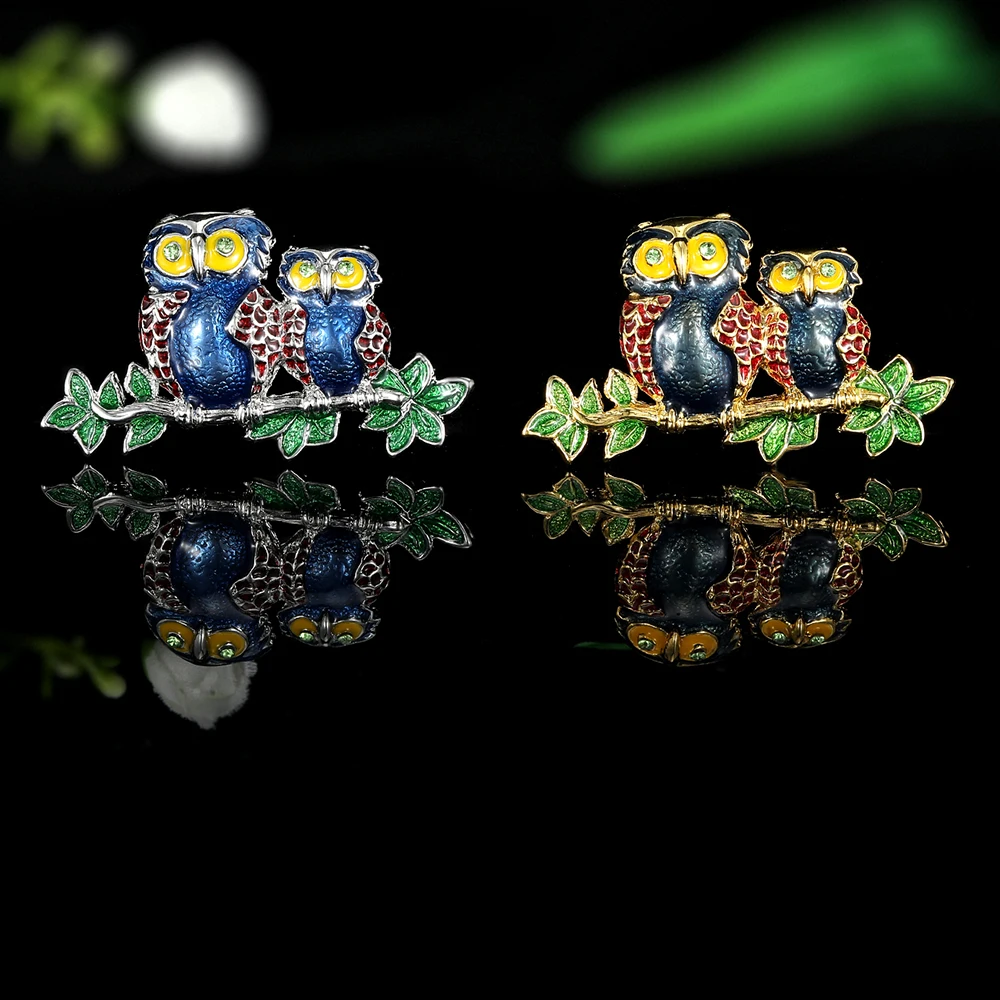 Enamel Double Owl Brooch Gold & Silver Tone Vintage Branch Design Lapel Pins Cute Animal Decorative Badges for Clothing & Suit