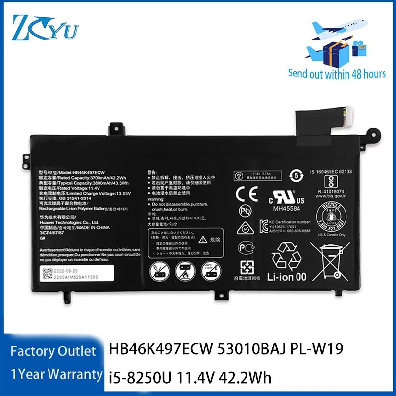 HB46K497ECW Laptop Battery for Huawei MateBook D 2018 53010BAJ PL-W19 i5-8250U 11.4V 42.2Wh