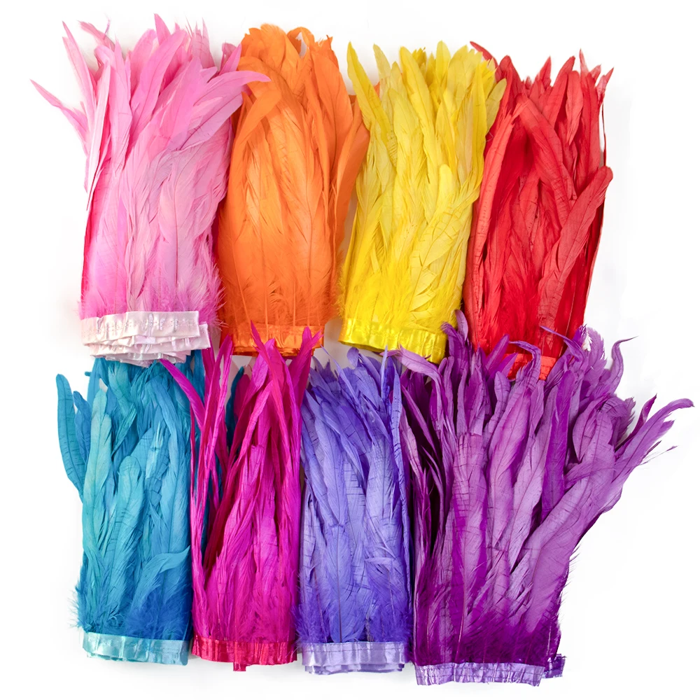 Natural Rooster Tail Feather Fringe Trim 25-30cm Sew-on Ribbon Strung for Dress Skirt Costume DIY Craft Wedding Home Decor