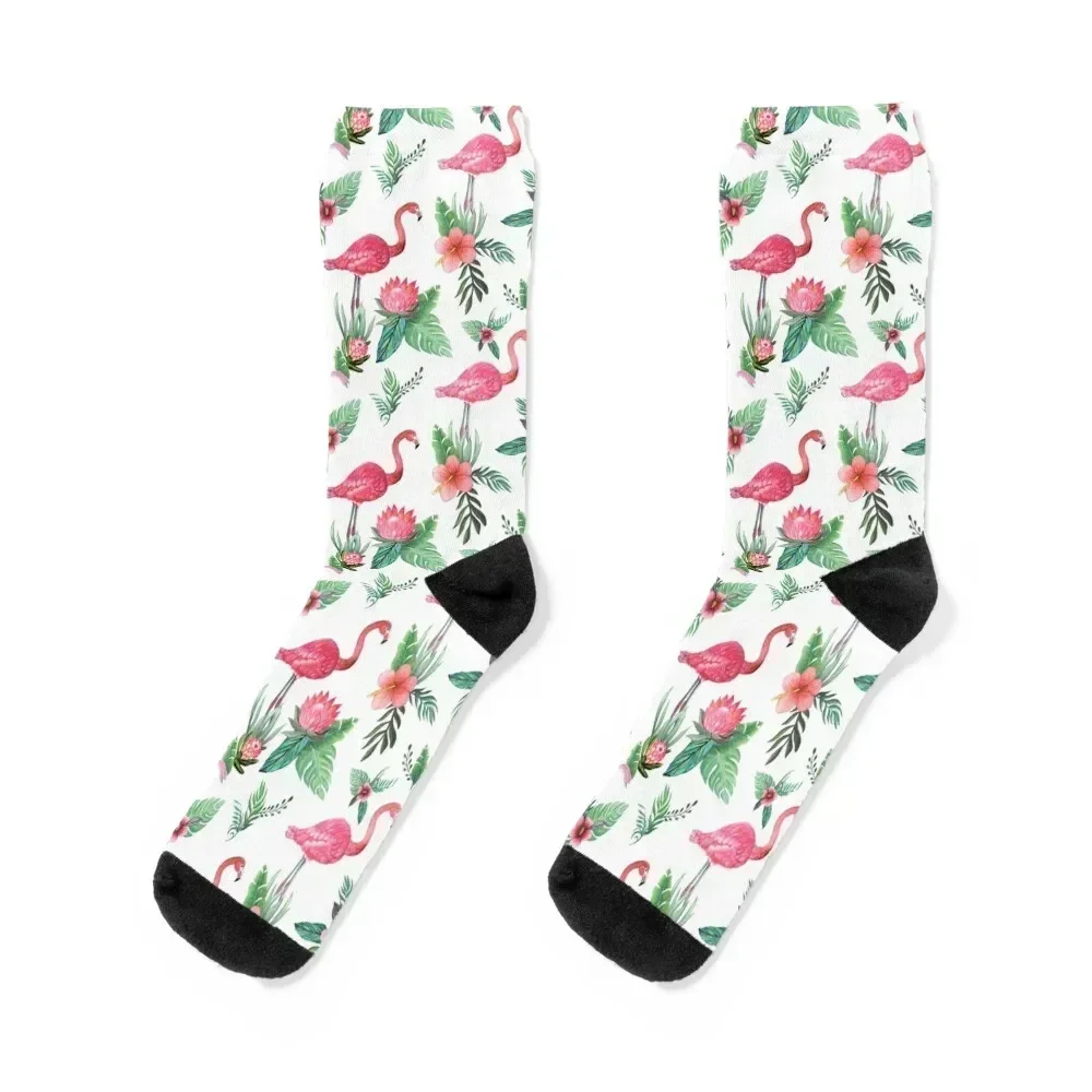

Flamingo Floral with hibiscus , palm and protea in watercolor Socks Children's snow designer floral Men's Socks Luxury Women's