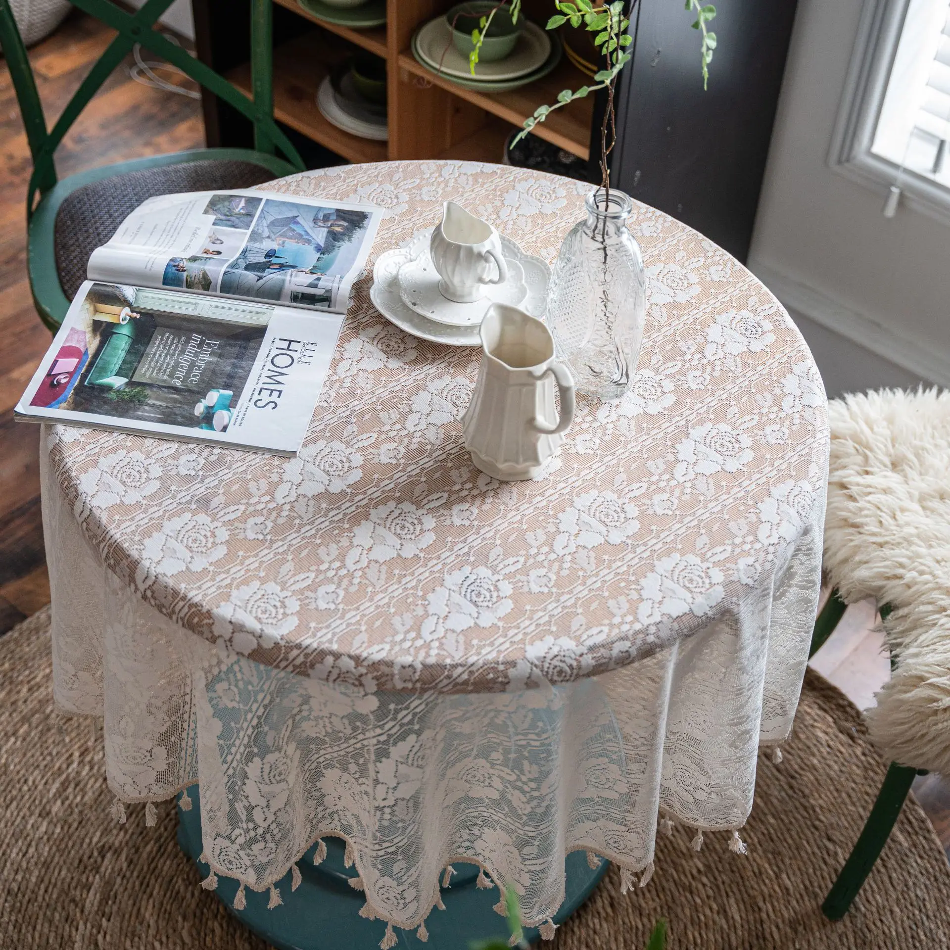 Pastoral Style Hollow Crochet Lace Floral Dining Room Round 150cm Tablecloth For Home Hotel Wedding Ceremony Events Decoration