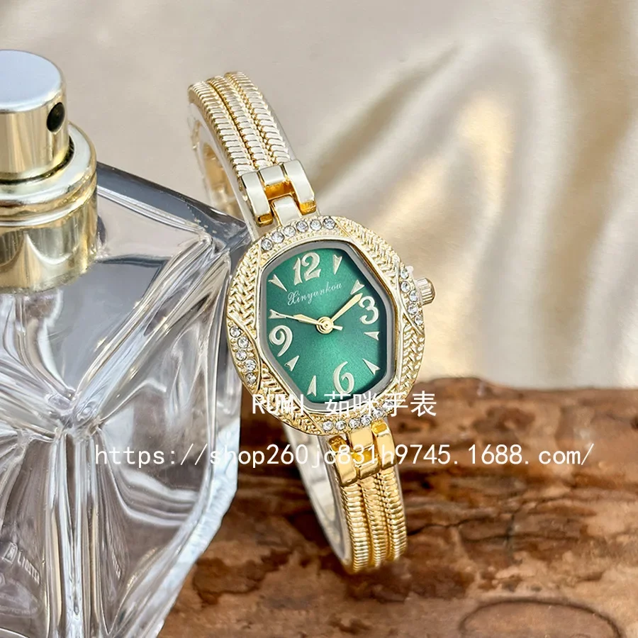 Octagonal Diamond Encrusted Gold Watch for Women Multi Color Dial Quartz Wristwatch Luxury Vintage Mesh Chain Bracelet Watch