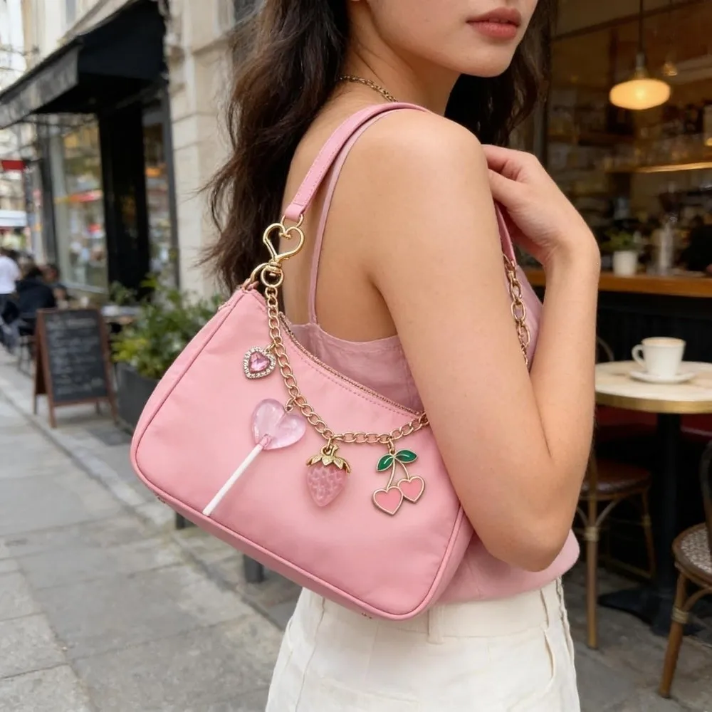Sweet Pink Crystal Love Cherry Keychain Gold Chain Lollipop Shape Bag Pendant Extended Chain Bag Charm Gift