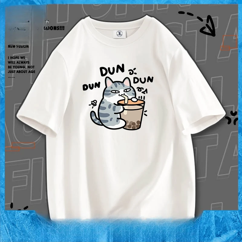 \ 2025 طن من الحليب والشاي الدهون القط الصيف قصيرة الأكمام تي شيرت بسيط الرجال والنساء مع نفس النمط الرياح المحايدة