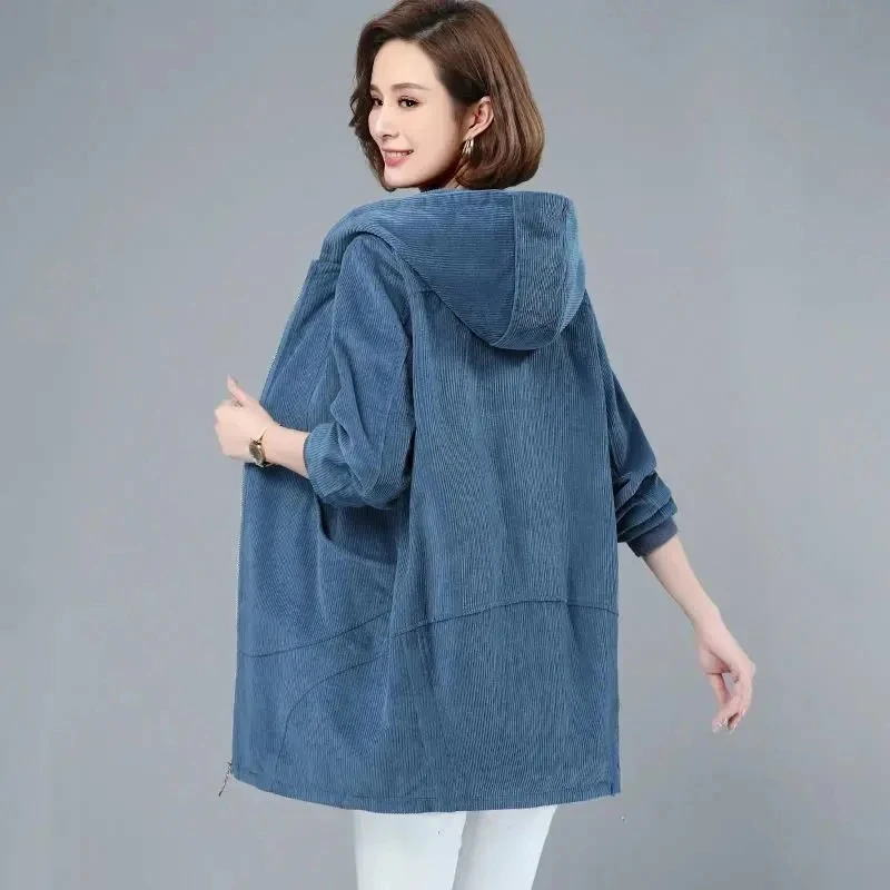 Spring Autumn 2023 New Thin Corduroy Coat 5XL Women\'s Medium long Hooded Jacket Loose Casual Female Zipper Windbreaker Overcoat