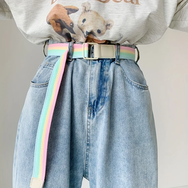 

1 шт. женский тонкий пояс в радужную полоску с рисунком медведя и текстом «Wander Free» — регулируемый модный ремень для джинсов