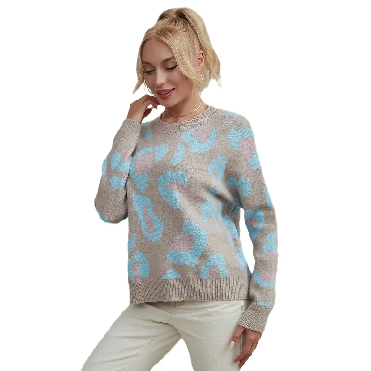 Wal Mart Farbkontrast Leoparden pullover Damen Rundhals pullover