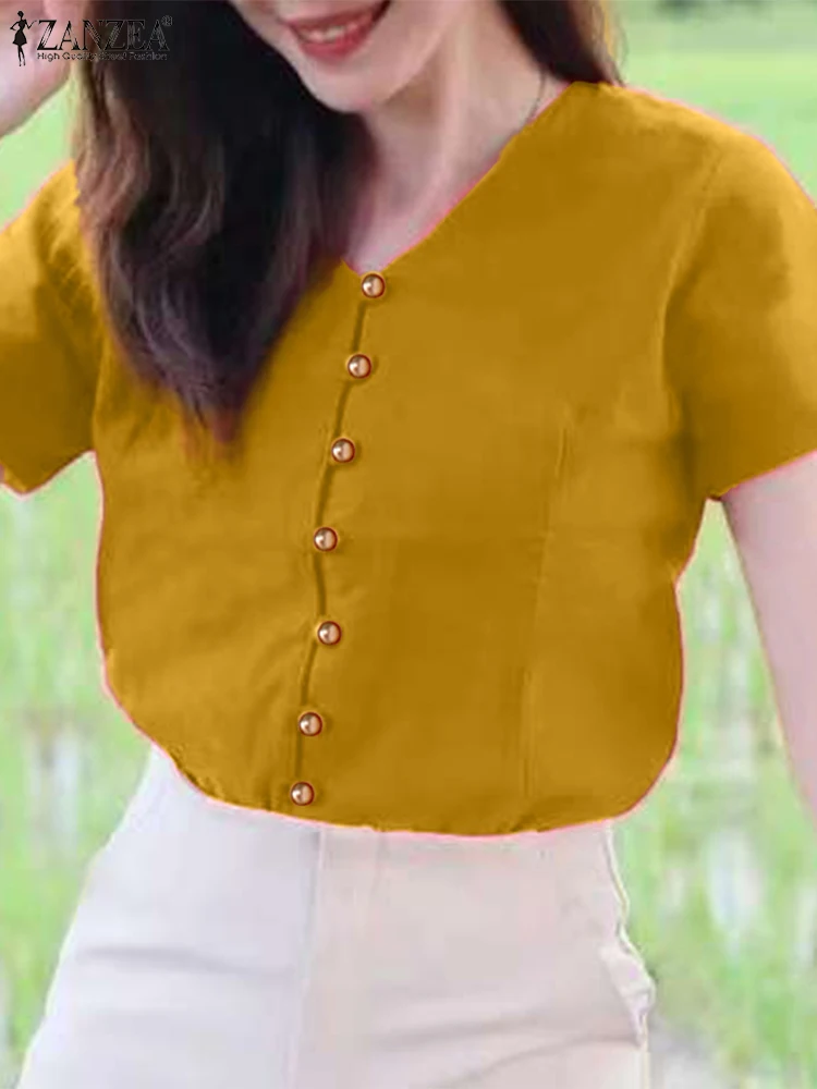 

2025 ZANZEA Fashion Blouses Women Sexy V-Neck Solid Color Summer Shirts Elegant Casual Office Korean Sweet Buttons Tunic Tops