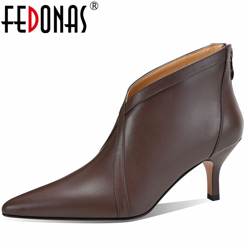 

FEDONAS Basic Women Genuine Leather Ankle Boots Autumn Winter Thin High Heels Shoes Woman Mature Pointed Toe Office Lady 2023