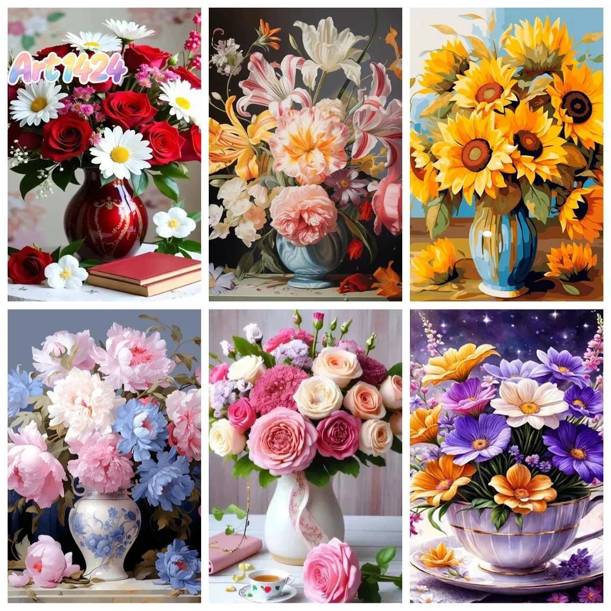 Paint By Number Rose Flower Sunflower Canvas Drawing Kits Coloring on The Wall Kits Floral Home Decor Peony