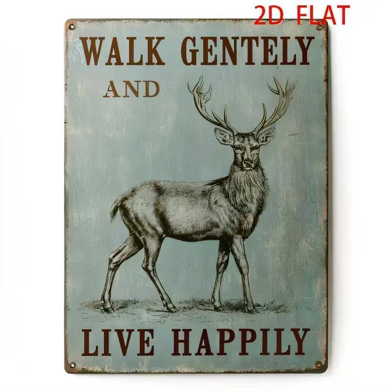 2D Flat Walk Gently Live Happily Deer Vintage Metal Tin Sign - Light Blue - Green Retro Iron Wall Art, Rustic Decor for Home, Ca