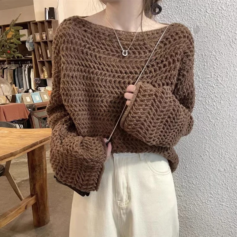 

2023 Vintage Khaki Pullover Sweater Knitted Women Autumn Long Sleeve Knitwear Casual Tops Pull Femme Hollow Loose Jumper 28217