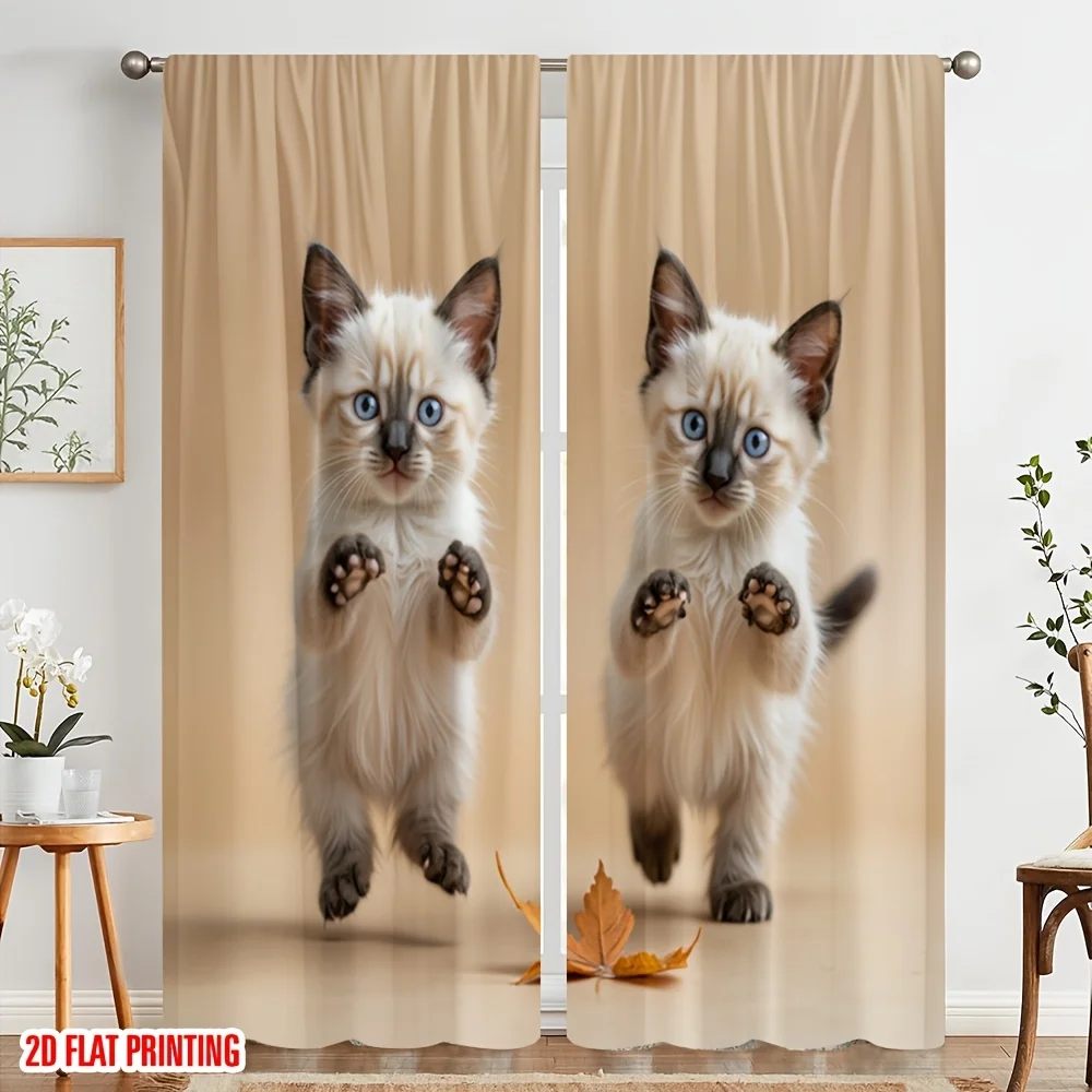 Cute Kitten Curtains, 3D Jumping Cat Window Drapes, Beige Pet Lover Decor, Blackout Fabric for Living Room Bedroom Kids Room