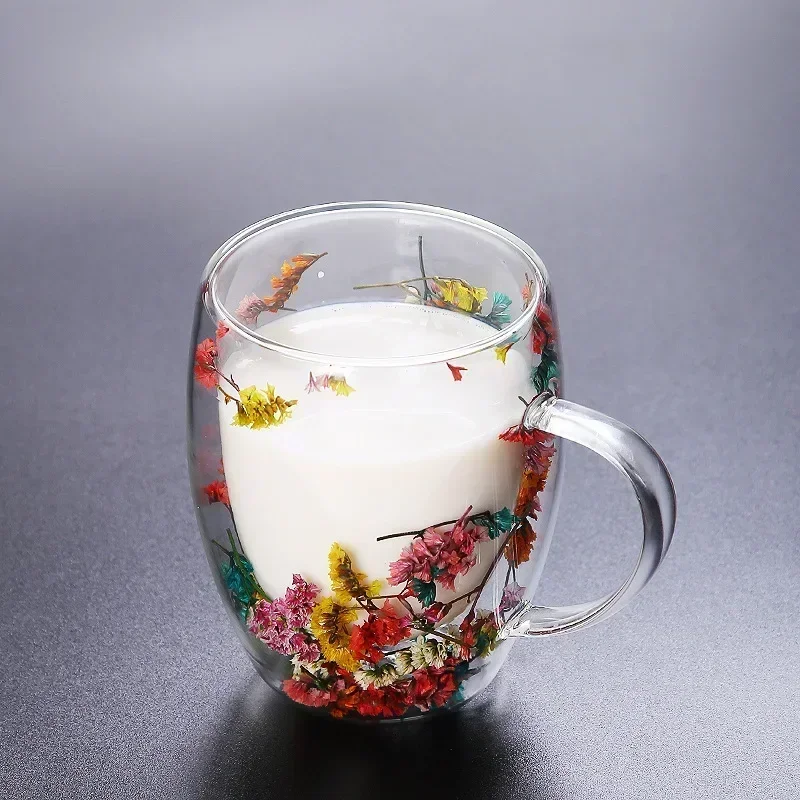 Dried Flower Double Wall Clear Glass Coffee Mugs Double Insulated Glass Cup For Hot Cold Beverages Cappuccino Latte Espresso Cup