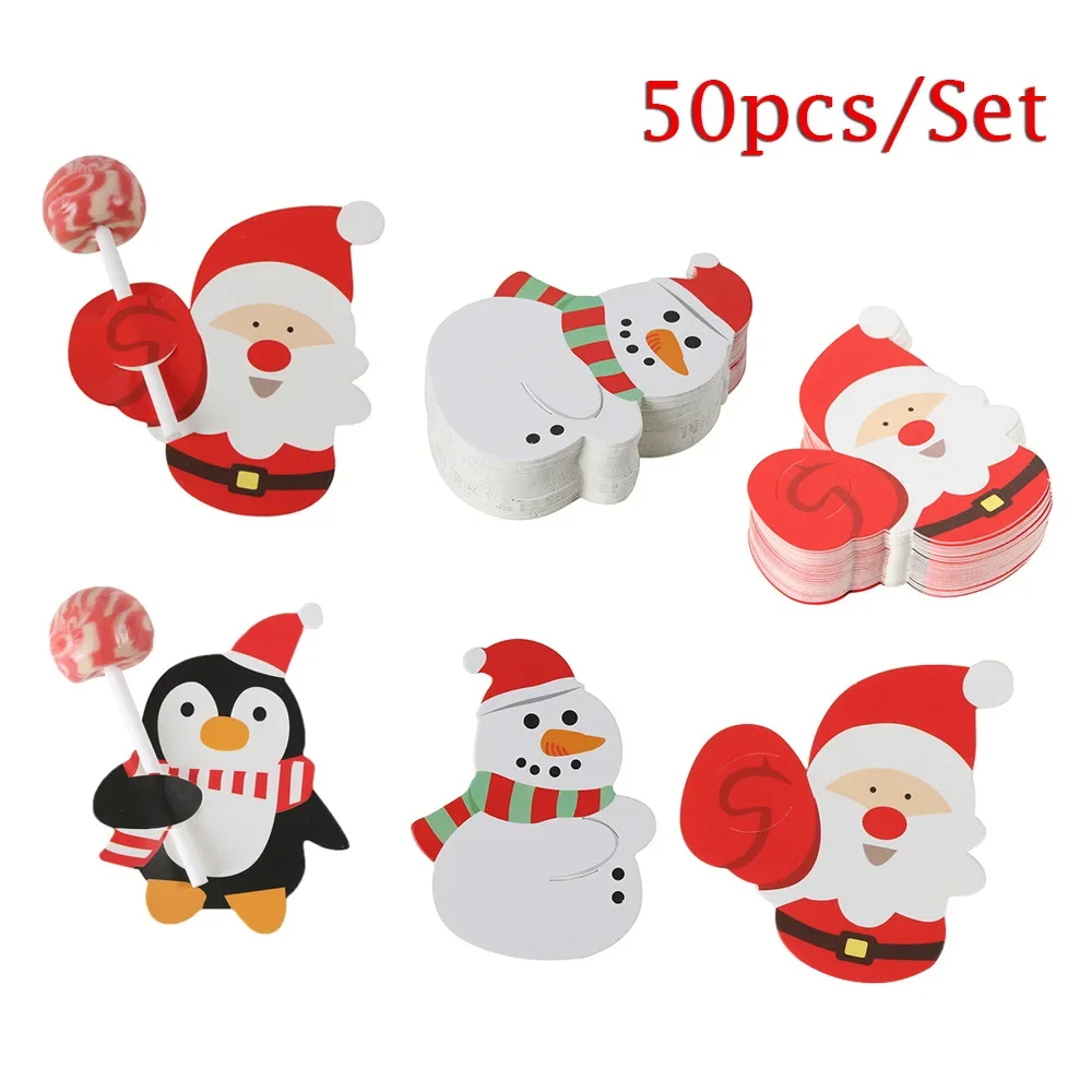 

100pcs Christmas Lollipop Paper Cards Cartoon Santa Claus Penguin Snowman Candy Kawaii Gifts Package Wrapping New Year Party