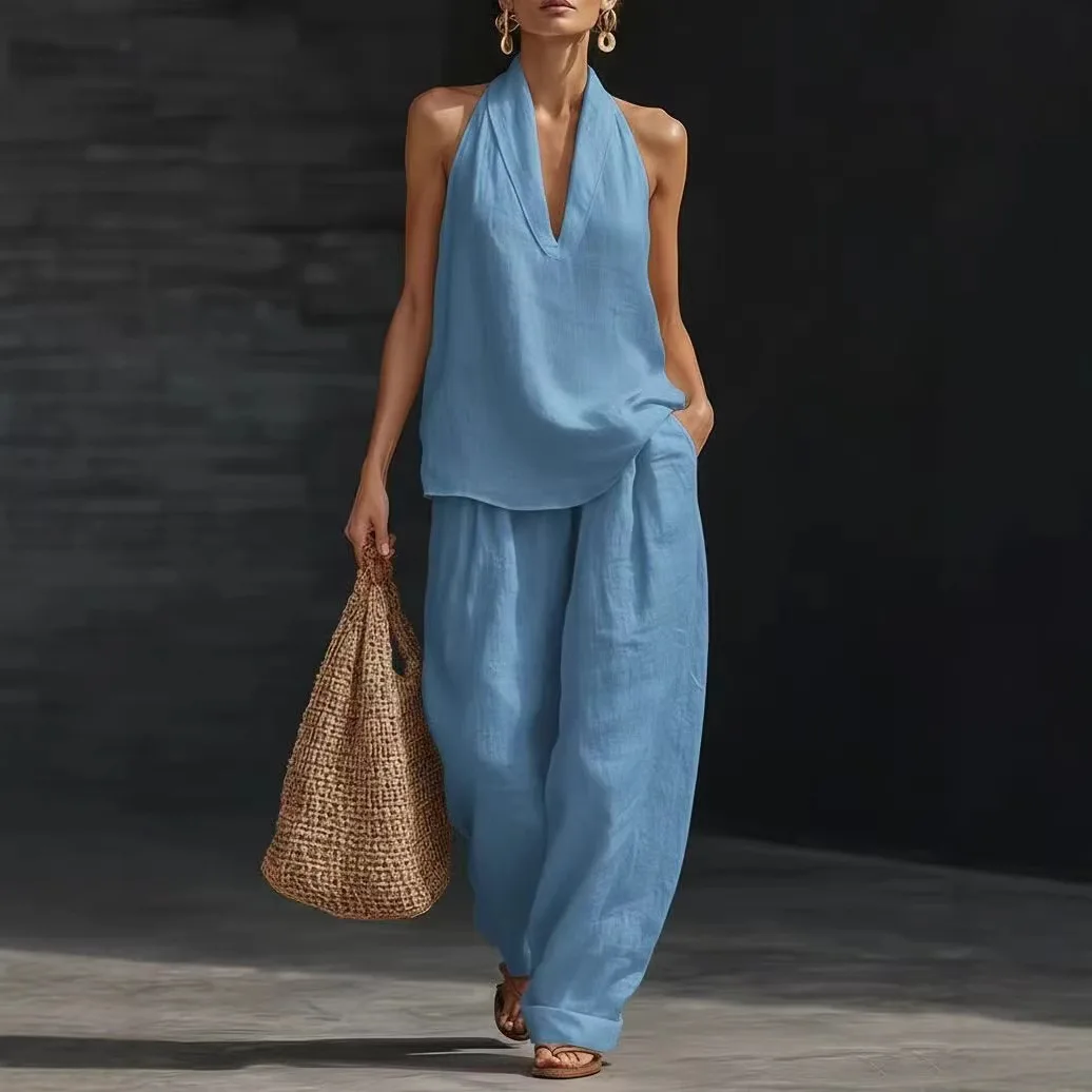 Sommerliches Damen-Freizeit-Set aus Leinen: 2-teiliges Halter-Neck V-Ausschnitt Top und Weite-Bein-Hose für Strand und Urlaub – Detail 9