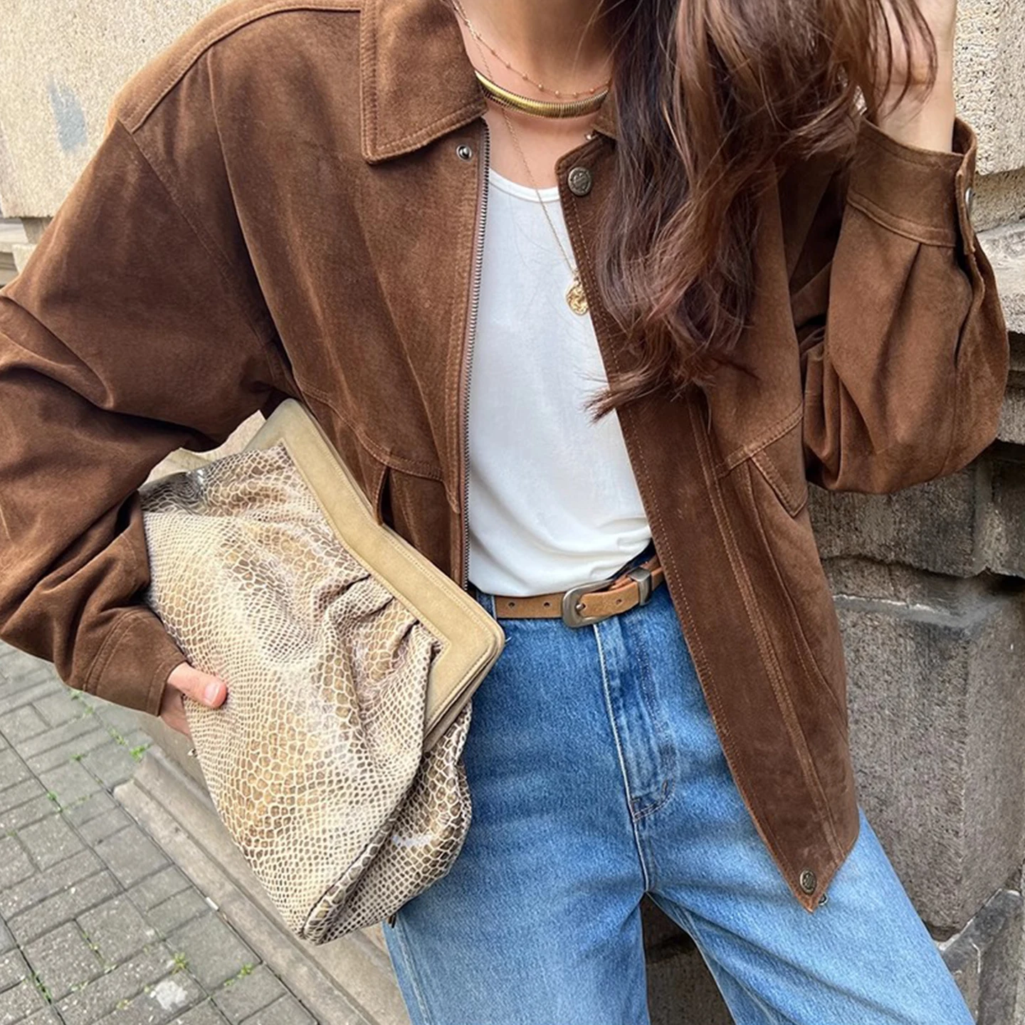 

Замшевая верхняя одежда на молнии в стиле ретро, женский свободный однотонный топ для поездок на работу, осеннее новое поступление Faion