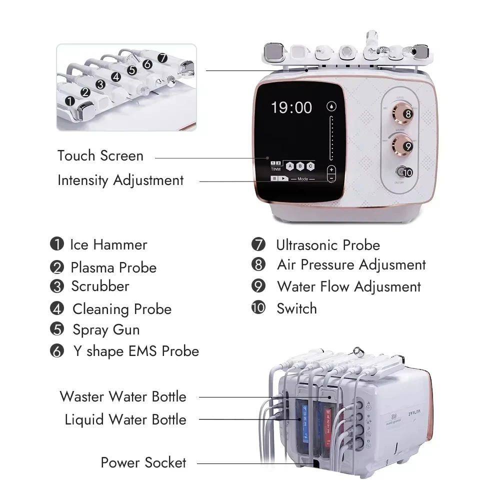 7 في 1 أداة تجميل الوجه متعددة الوظائف هيدرو كريستال اللوازم الطبية فراغ البلازما الأكسجين تنظيف المياه جهاز العناية بالبشرة