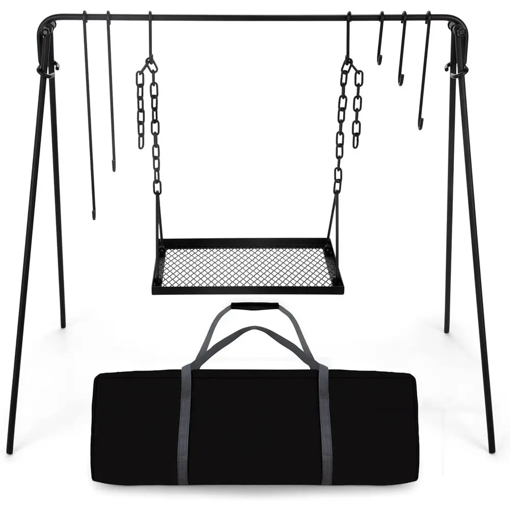 

Collapsible BBQ Grill Stand with Adjustable Legs, Hooks, and Carrying Case for Campfire Cooking in Black