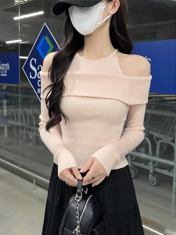 

Large Size Gentle Wind One oulder Long Sve Knitted Sweater Women's Autumn Fake Two-Piece oulder Exposure High-End Feeling