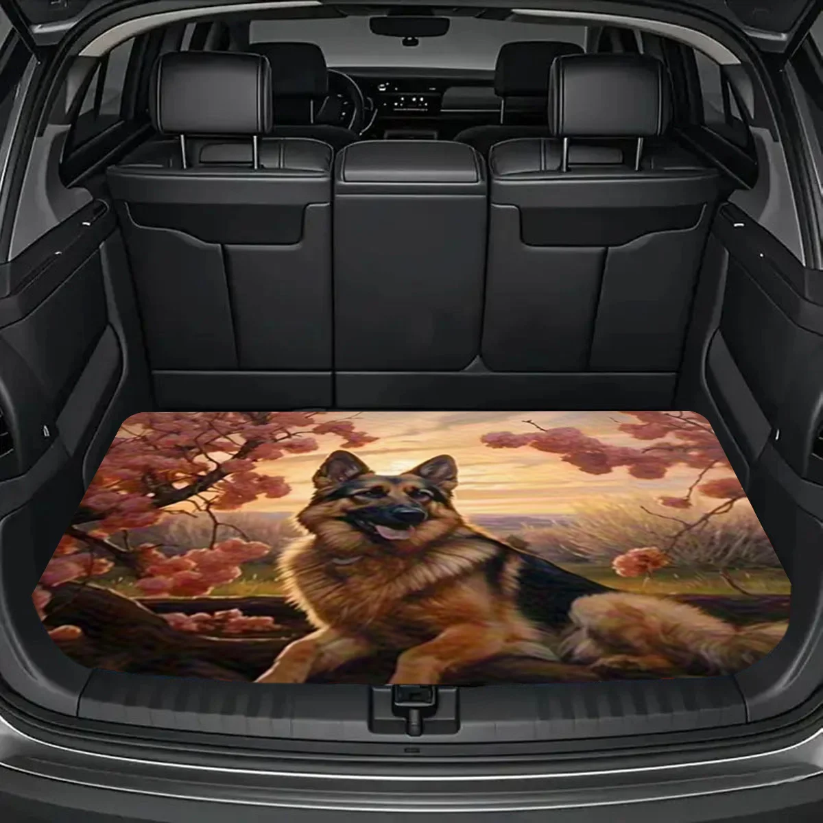1pc German Shepherd And Cherry Blossom Patterned Trunk Mat - Suitable For Most Car Models, Measuring 29.53X39.37 Inches, Made Of