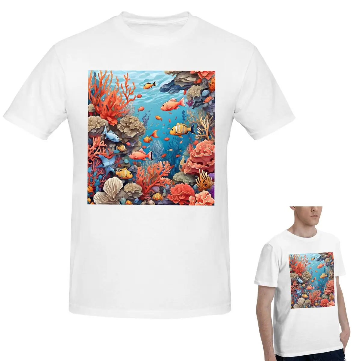 

100% хлопок, футболка с бесшовным рисунком кораллового рифа и рыбы, мужская классическая футболка большого размера, мужские летние рубашки с круглым вырезом, топы S-6XL