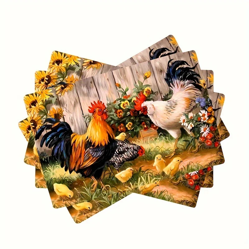 12×18 Inch Table Mats - 4/6/8pcs Farm Chicken Chicks Design - Home Decor Kitchen Placemats - Printed Insulated Table Placemats